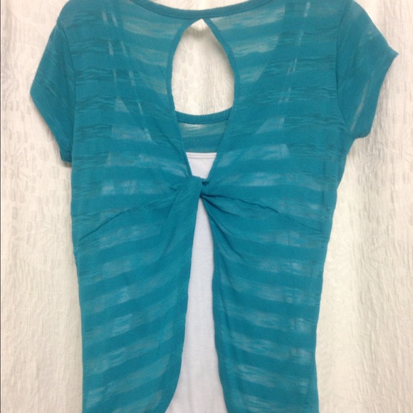 Blue-green sheer stripped top, white tank attached - Picture 2 of 4