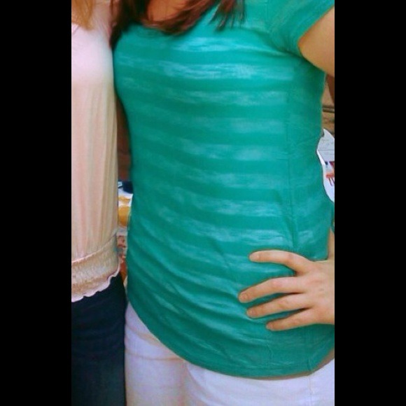 Blue-green sheer stripped top, white tank attached - Picture 3 of 4