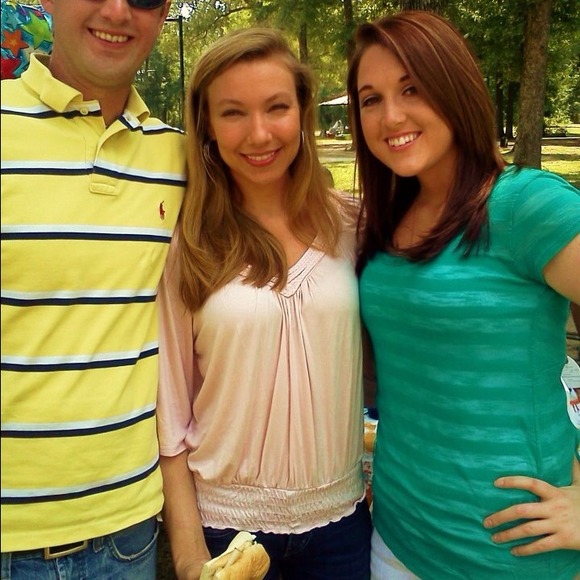 Blue-green sheer stripped top, white tank attached - Picture 4 of 4