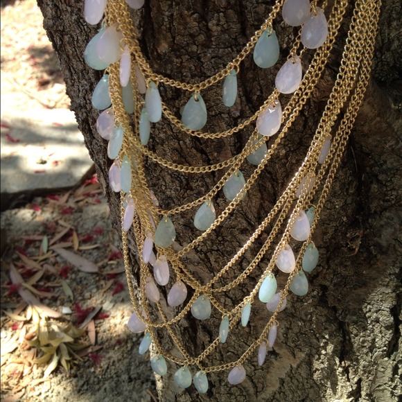 Multiple strand mint ~peach necklace and earrings