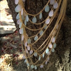 Multiple strand mint ~peach necklace and earrings