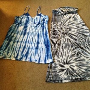 Blue and white spaghetti strap dress & gray skirt