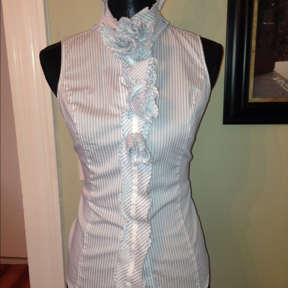 SOLD White blue pin stripe rosette button down top