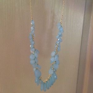 Aquamarine dangle beaded necklace, gold accents