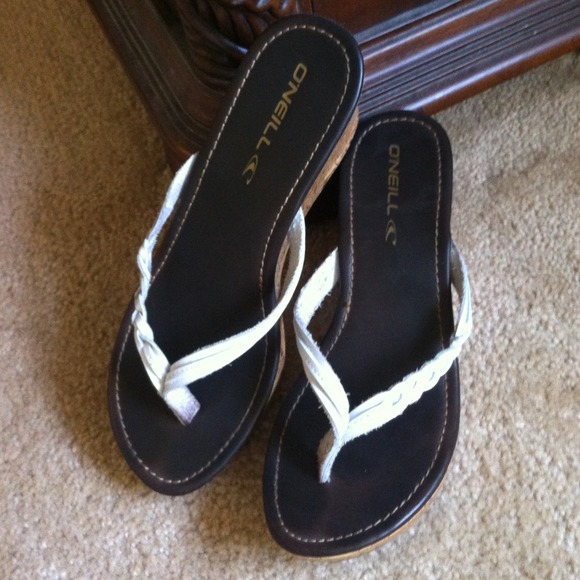 White Leather top braid thong with wedge heel