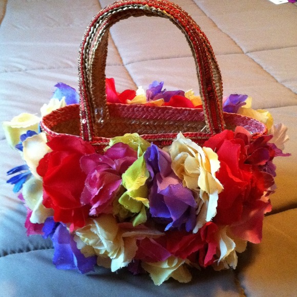 Floral covered straw purse