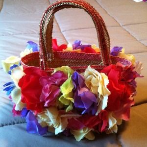 Floral covered straw purse