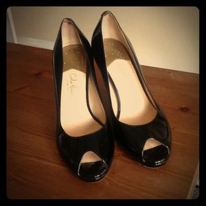 Cole Haan patent leather peep toe pumps