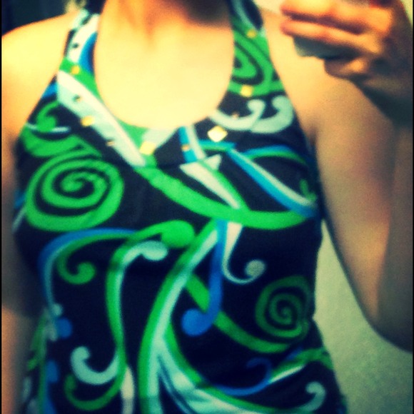 Blue, green, & brown patterned top with gold studs - Picture 1 of 2