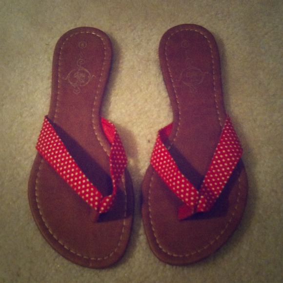 Red and White polka dot fip-flops Size 8