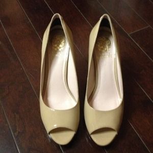 Nude Patent Leather Peep Toe Pumps