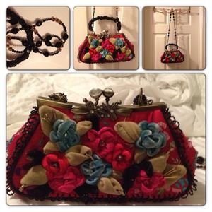 Red, beaded, embroidered, rhinestone, bag