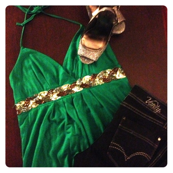 💚green cotton halter with gorgeous sequin detail - Picture 1 of 3