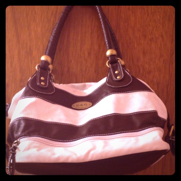 White and dark brown expandable handbag