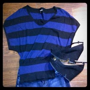 Black and Navy Striped Stretchy Cotton Blouse