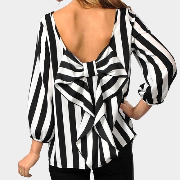 Tops - Black and white striped bow back