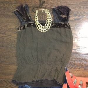 Brown Silk Velvet Cap Sleeve Blouse