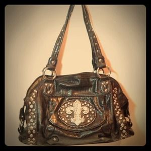 Brown Leather Fleur De Lis rhinestone & studded💎