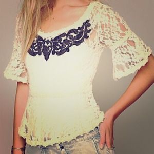 Free People ivory/black lace top