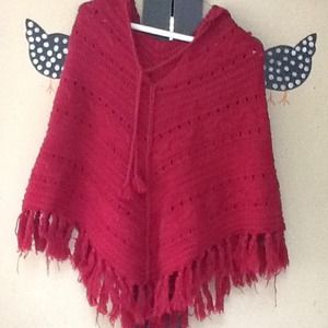 Womens Old Navy Red Cable Knit Poncho with hood.