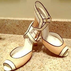 Peep toe ankle strap heel sandal.