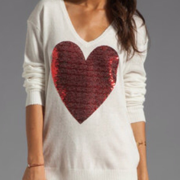 Wildfox Sequin White Label Heart Sweater in Cream