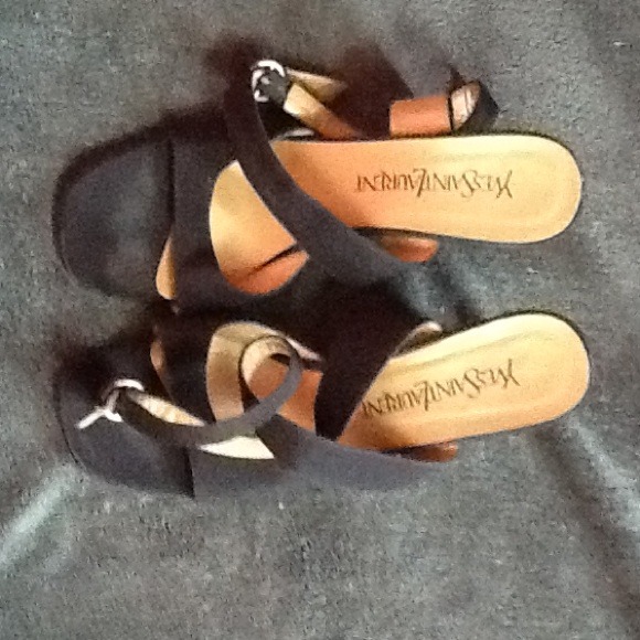 Black satin Yves Saint Laurent ankle wedge heel.