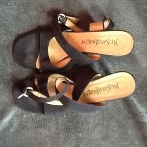 Black satin Yves Saint Laurent ankle wedge heel.