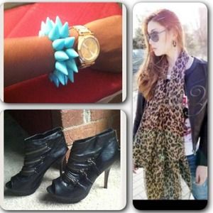 Black zipper heels, blue bracelet, leopard scarf
