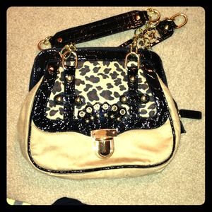 Tan, black and leopard print handbag