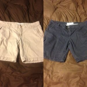 Khaki and navy blue shorts.