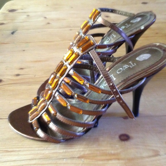 Nordstrom bronze Brown gem strappy heels worn 2x