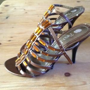 Nordstrom bronze Brown gem strappy heels worn 2x