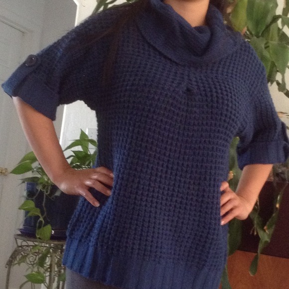 Blue Cowl-neck Short Sleeve Sweater - Picture 1 of 4