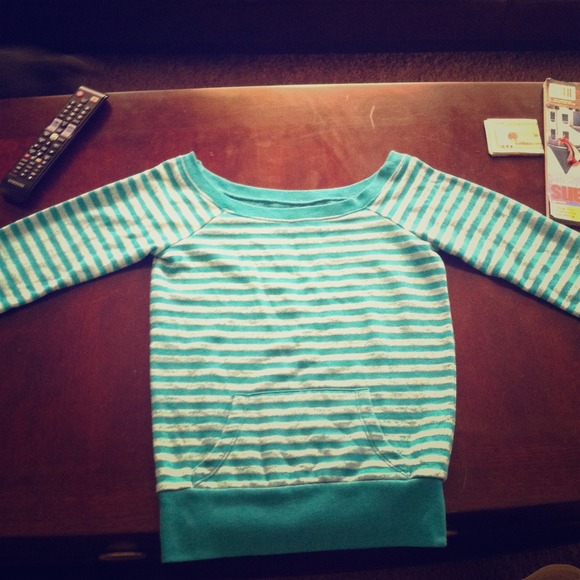 Off the shoulder teal striped shirt