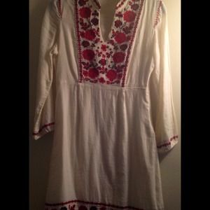 White ethnic flowers embroidery dress