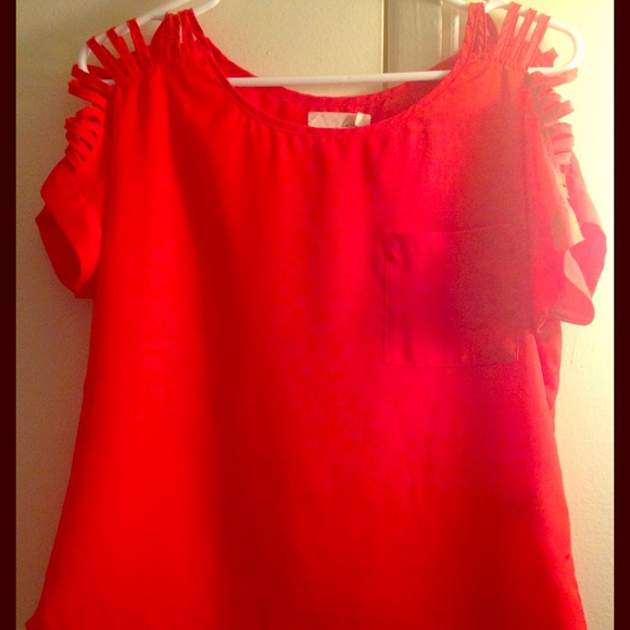 Red open sleeves blouse