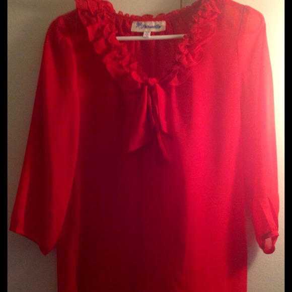Red ruffle "V" neck blouse