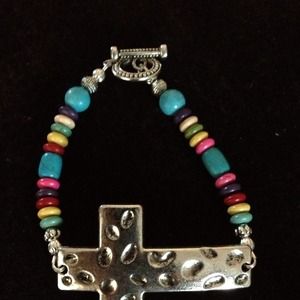 Colorful bead silver plated cross bracelet