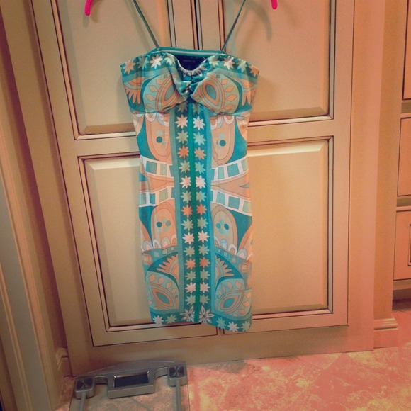 Mint green and gold print strapless dress