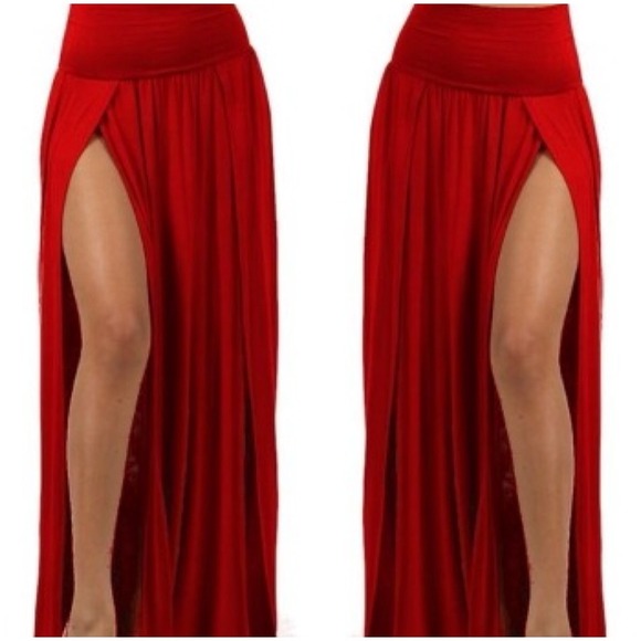 Red double slit maxi dress