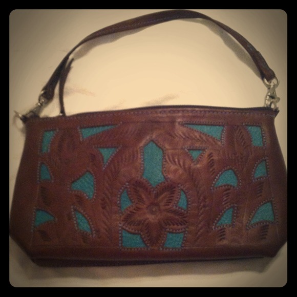 Leaders in Leather Brown & Turquoise Cut out purse