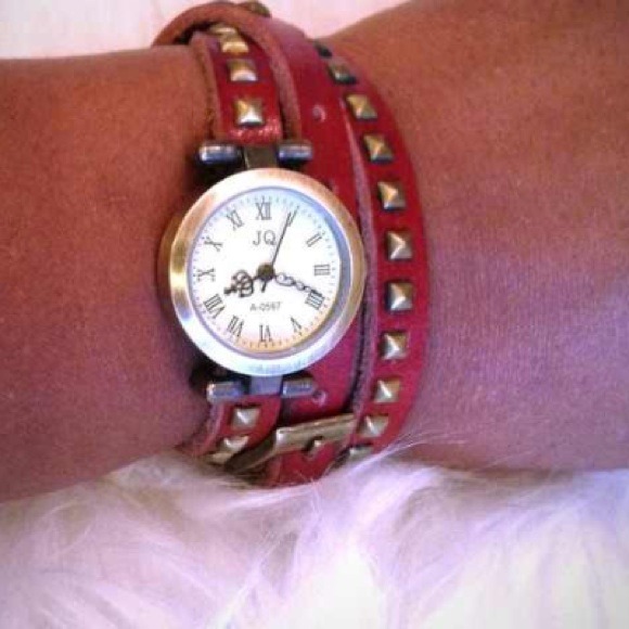 NWOT red leather studded wrap watch