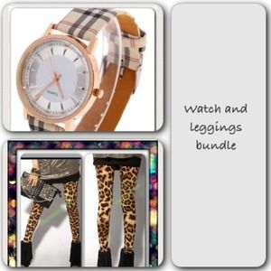 Leopard leggings and plaid watch bundle
