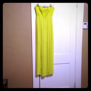 Strapless lime green pleated maxi dress.