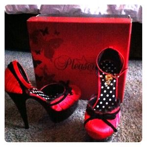 5 3/4" heel 2" platform red satin Stilettos