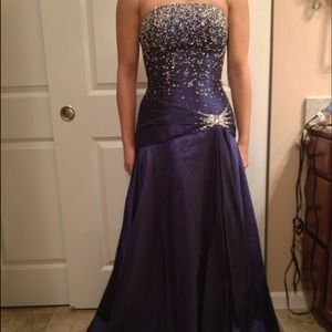 Navy prom with rhinestones and beaded bodice!