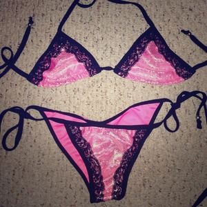Sold!  shiny pink black lace top/scrunch bottoms