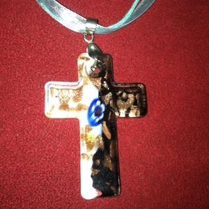 Glass cross on lace and string. New.