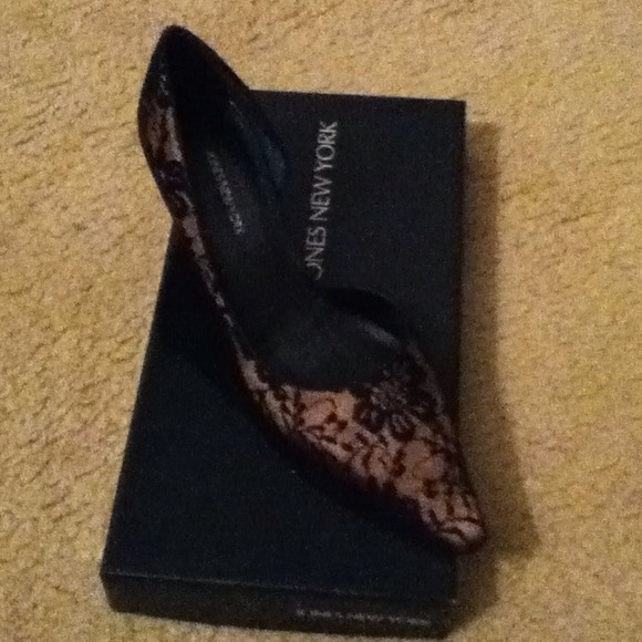 Black lace/Bronze satin shoes-7m - Picture 1 of 4